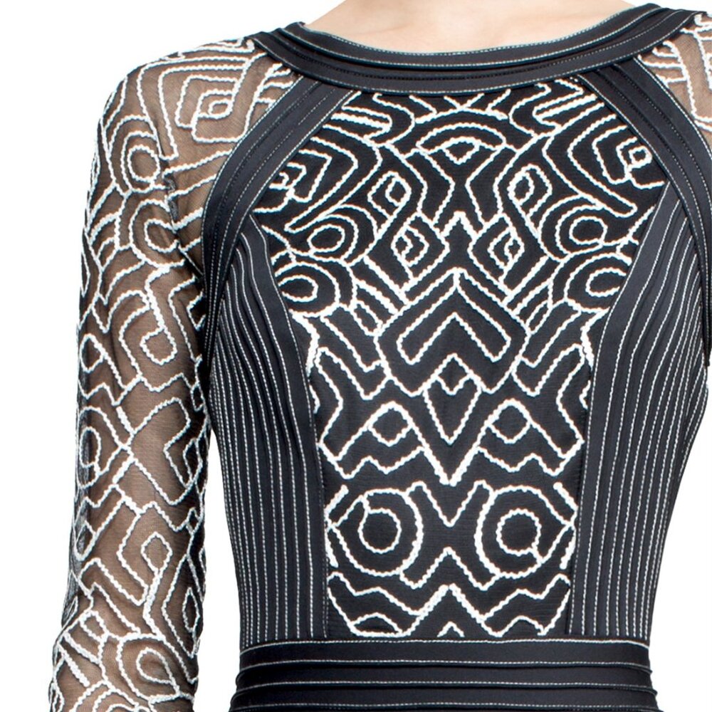 Tadashi Shoji Nima dress Black White Embroidered Lace Long Sleeve Sheath Sheer M - Picture 2 of 5